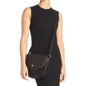 Tory Burch Robinson Black Pebbled Leather Saddle Messenger Crossbody Bag